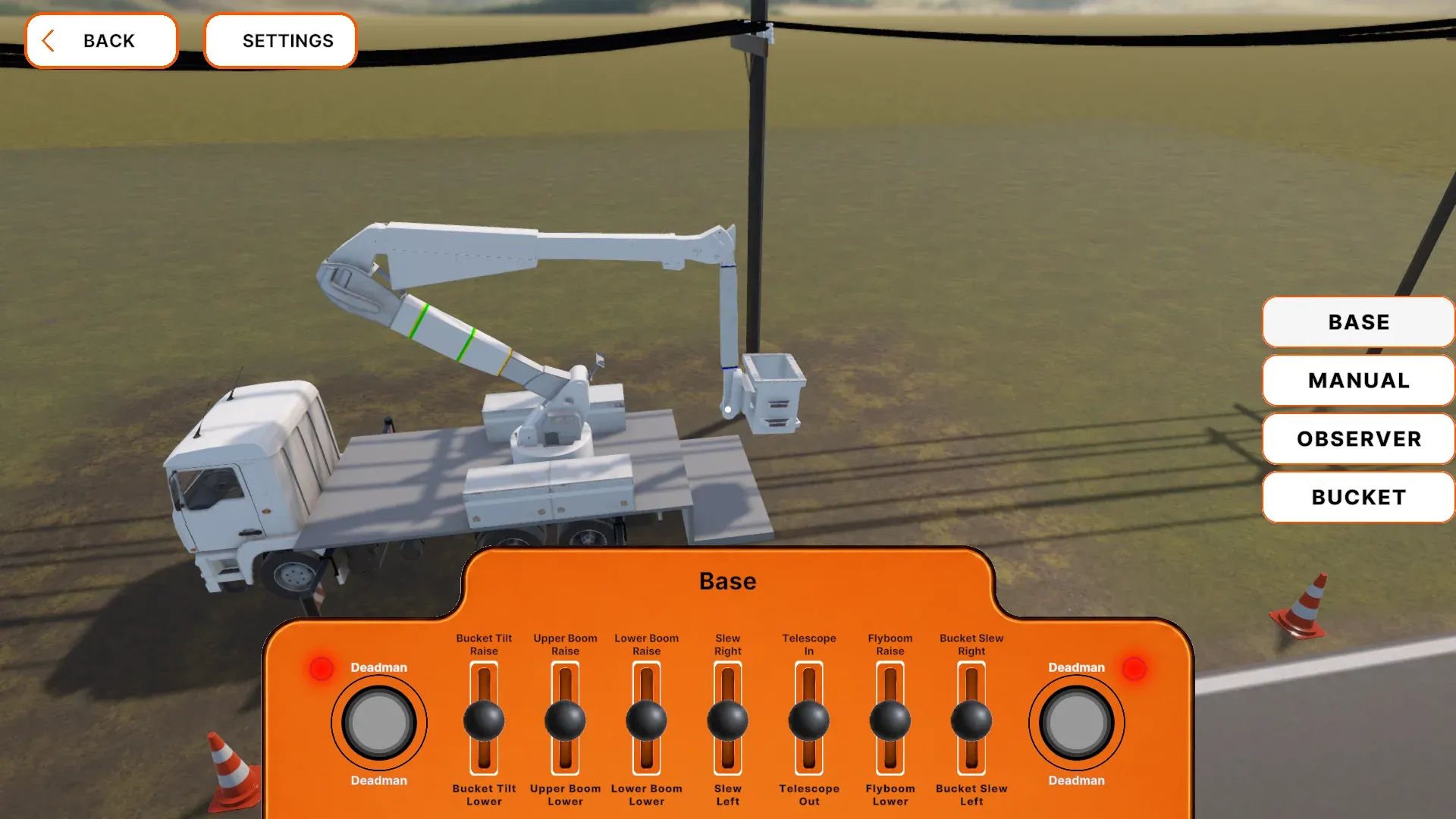 Orange base control panel with levers for boom, telescope and bucket movement.