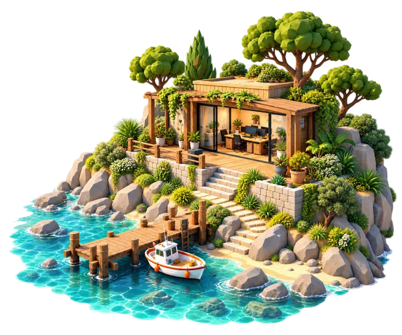 Illustrated studio overlooking a harbour on the coast