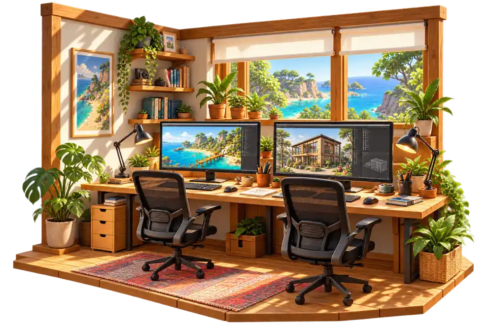 Illustrated creative studio with two desks and coastal views