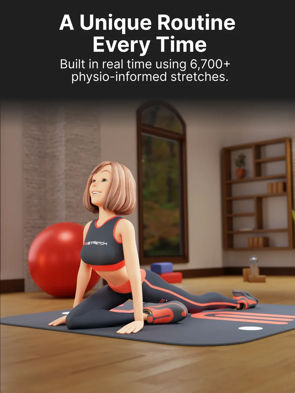 WeStretch animated instructor demonstrating a stretch in a virtual studio.