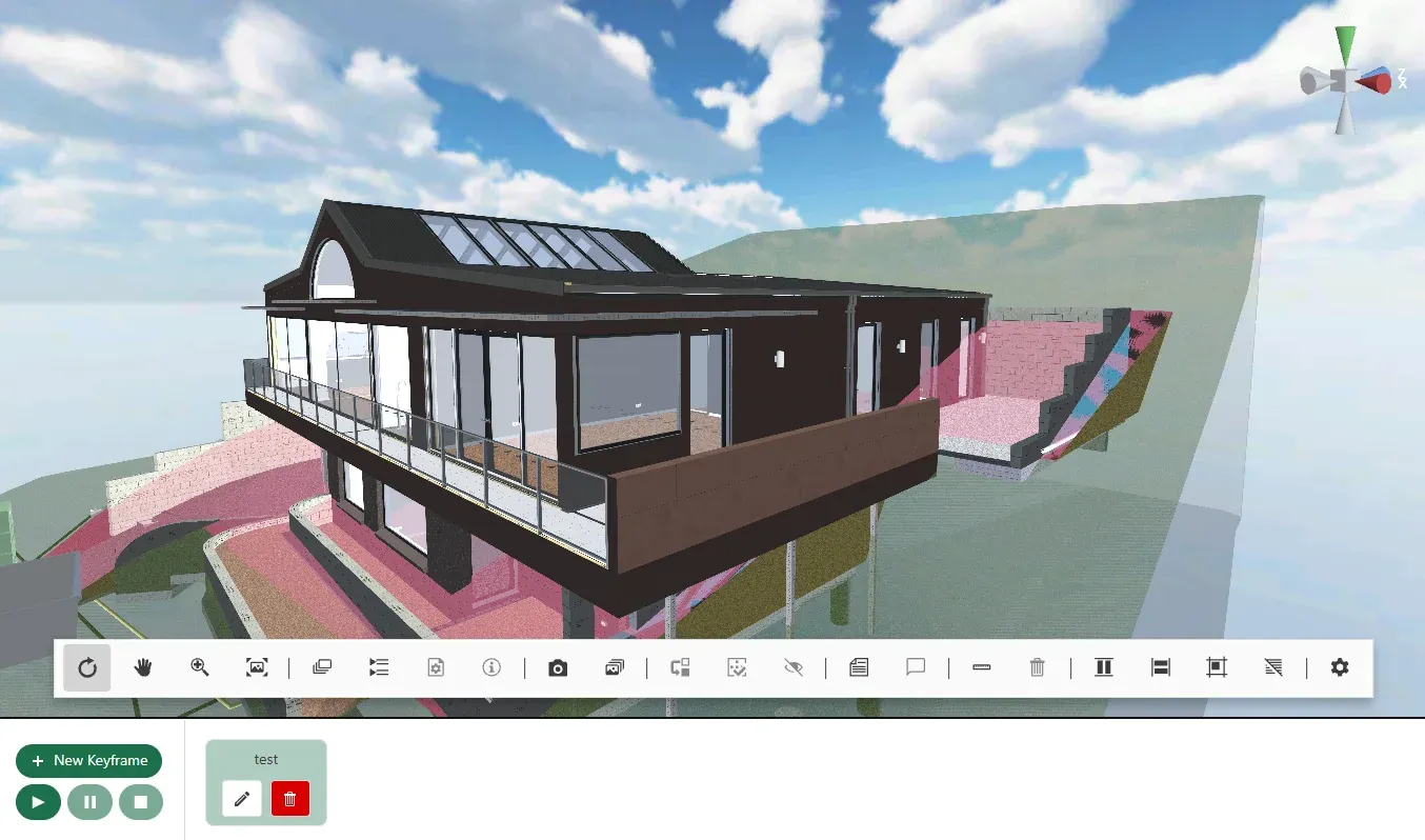 Building model in the Unity viewer with camera and inspection tools.