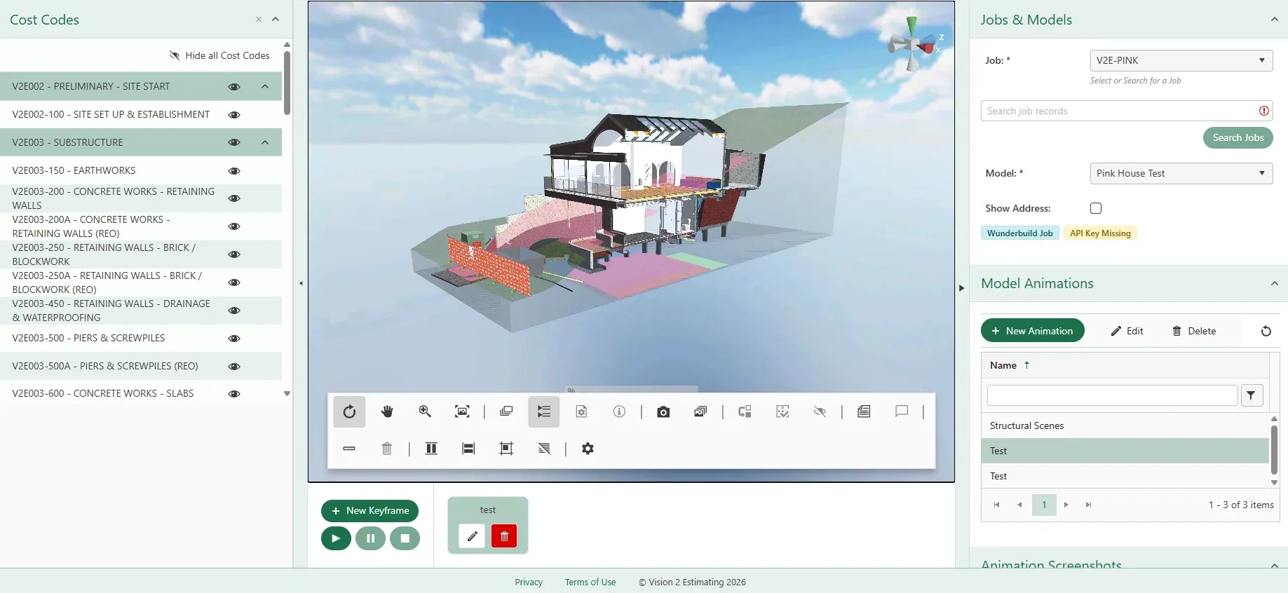 Model review workspace with cost codes, job selection and saved animations.