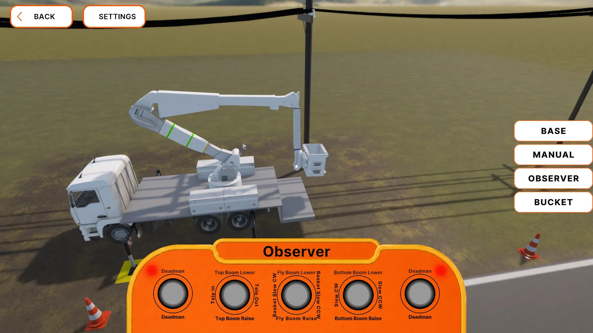 Observer controls with joystick inputs for boom movement and slew.