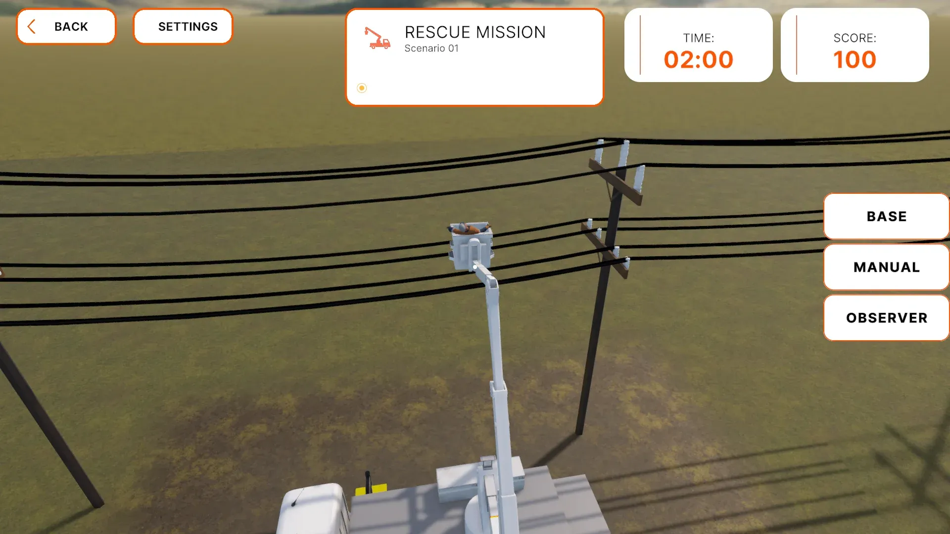 Rescue scenario with a worker in the raised EWP bucket near overhead power lines.