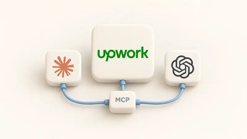 Upwork logo connected to Claude and ChatGPT logos through an MCP adapter