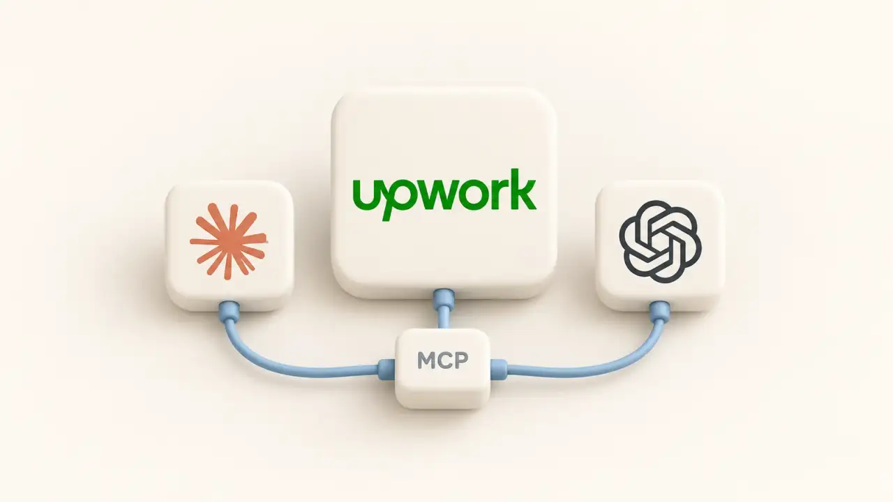 Upwork logo connected to Claude and ChatGPT logos through an MCP adapter
