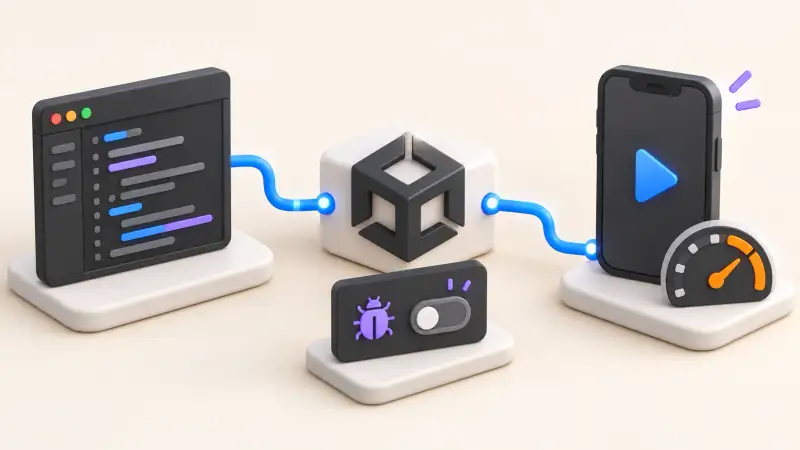 Unity iOS launch workflow with a code editor, disabled debugger toggle, smartphone and speed gauge