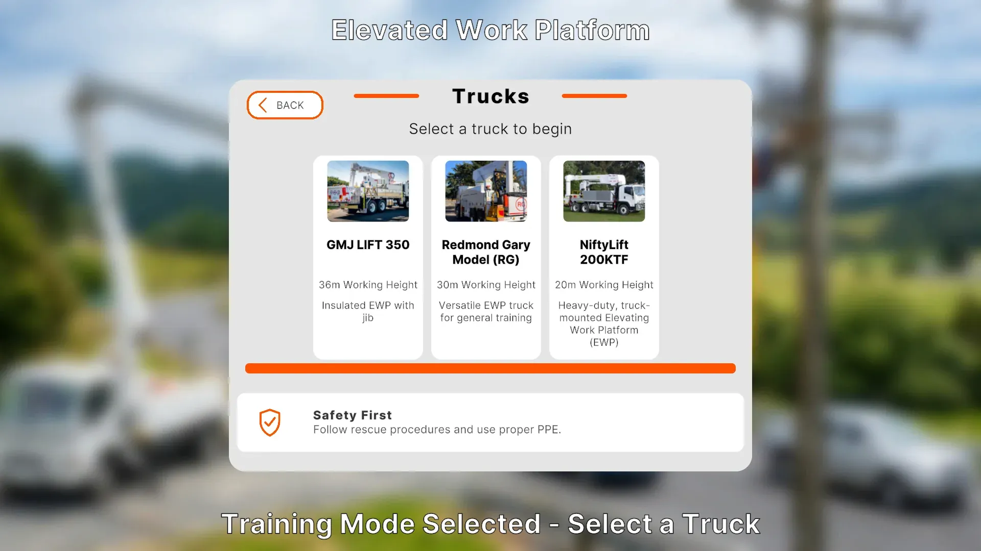 Truck selection menu for the EWP simulator.