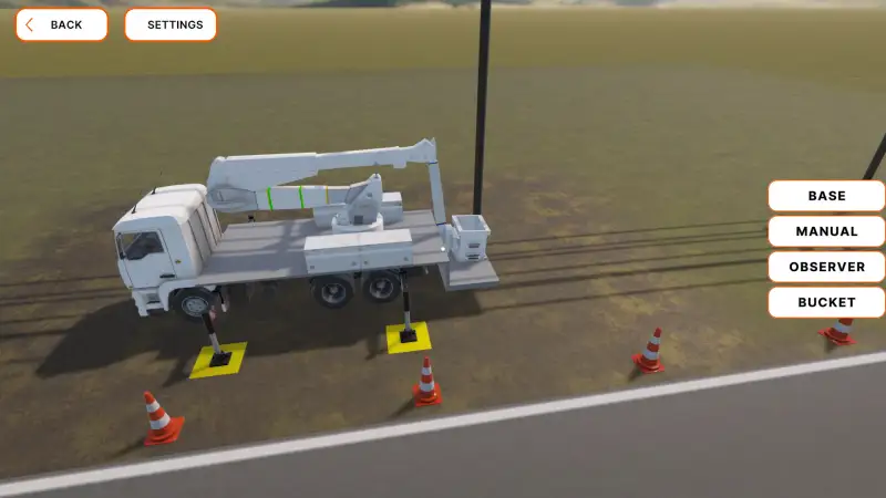 3D worksite with a truck-mounted EWP, stabilisers and traffic cones.
