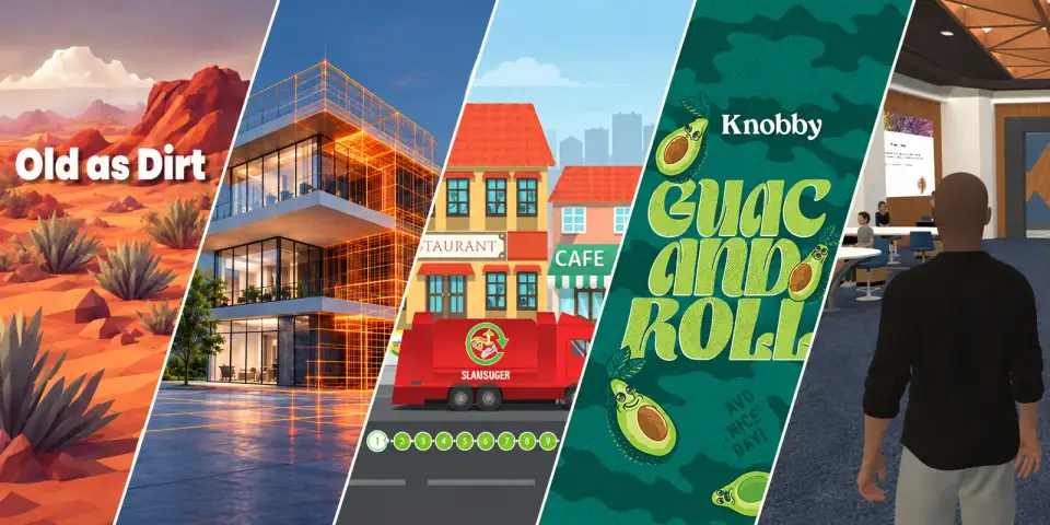 Portfolio montage featuring Old as Dirt, an architectural concept, Food Bio Energy, Guac N Roll and Hubub