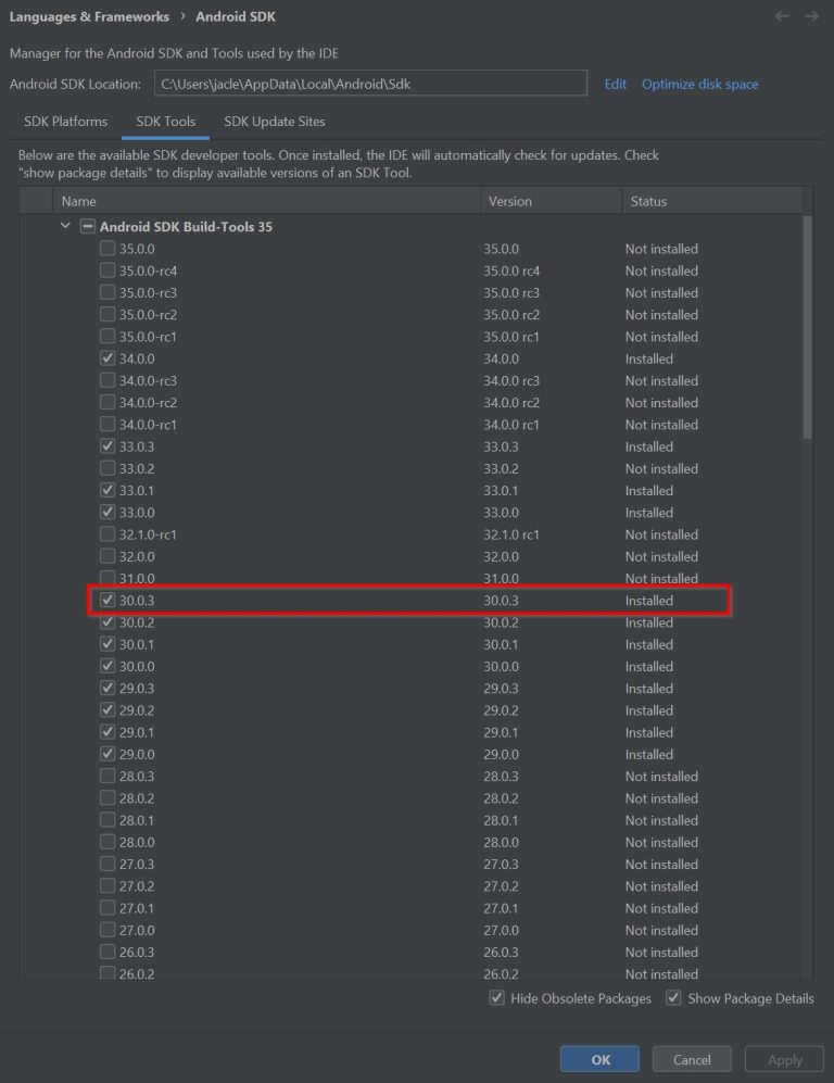 Installing Android SDK Build-Tools 30.0.3 through Android Studio's SDK Manager